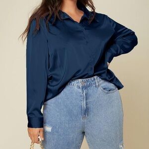 SHEIN BASICS Plus Solid Button Up Satin Shirt In Navy Blue